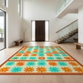 thumbnail image 1 of Design&I 2'x3' Washable Throw Rug Low Profile Daily Traffic Ready Accent Orange Teal Funky Bright Checkerboard Retro Daisy Motif with Playful Symmetry for Hallway, Laundry Room, 1 of 7