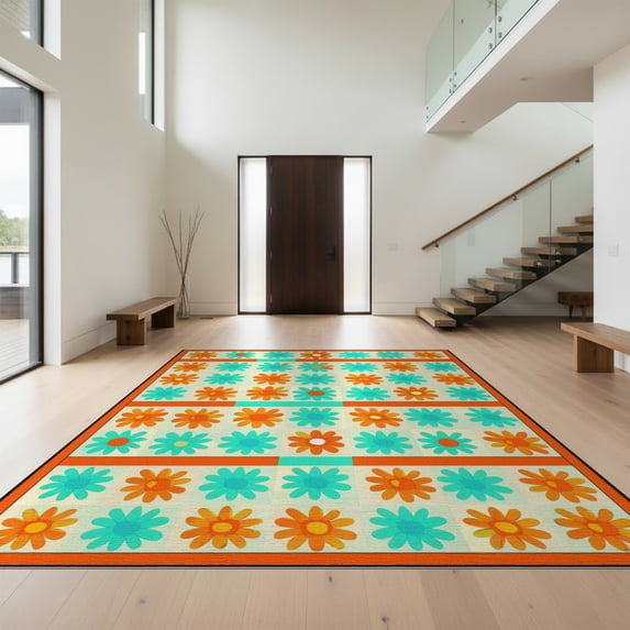 Design&I 2'x3' Washable Throw Rug Low Profile Daily Traffic Ready Accent Orange Teal Funky Bright Checkerboard Retro Daisy Motif with Playful Symmetry for Hallway, Laundry Room