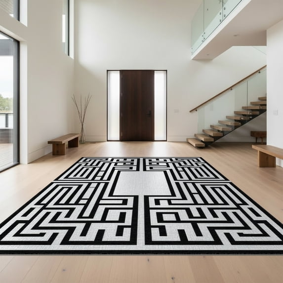 Design&I 2'x3' Washable Throw Rug Low Profile Daily Traffic Ready Accent Traditional Greek Key Geometric Maze Bold Fretwork Frame Border for Hallway, Laundry Room