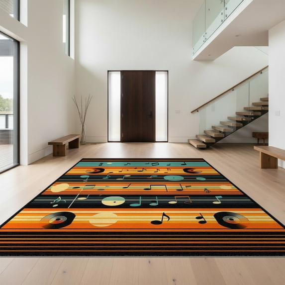 Design&I 2'x3' Washable Throw Rug Music Cd Vinyl Record Retro Disc Stripes Bold Soundwave Border for Hallway, Laundry Room, Low Profile Daily Traffic Ready Accent