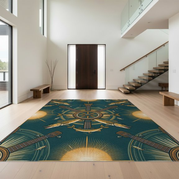 Design&I 2'x3' Washable Throw Rug Reel Map Details Lake Wildlife Lure Border Trophy Fishing Bass Refined for Hallway, Laundry Room, Low Profile Daily Traffic Ready Accent