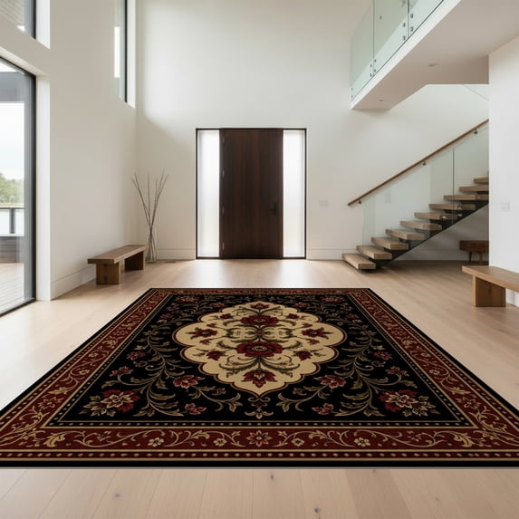 Design&I 3'x5' Ultra Soft Throw Mat, Black Red Elegant Floral Symmetry Design Intricate Blossoms and Vines with Classic Border Fluffy Washable Easy Care Indoor rug for Bedside Hallway