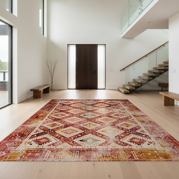 Design&I 3'x5' Ultra Soft Throw Mat, Boho Throw Vintage Lattice Geometric Border Southwestern Ru Door None Fluffy Washable Easy Care Indoor rug for Bedside Hallway