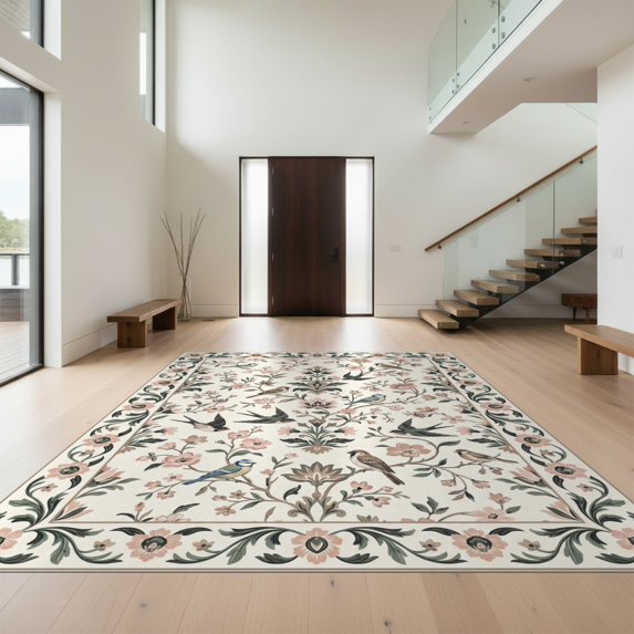 Design&I 3'x5' Ultra Soft Throw Mat, Delicate Flowering Branch Songbird Asian Inspired Botanical Accent None Fluffy Washable Easy Care Indoor rug for Bedside Hallway