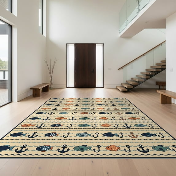 Design&I 3'x5' Ultra Soft Throw Mat, Fish Hook Fishing Border Wave Decorative Hunting Animals Pat None Fluffy Washable Easy Care Indoor rug for Bedside Hallway