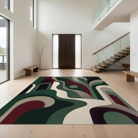 Design&I 3'x5' Ultra Soft Throw Mat, Green and Burgundy Abstract Flow Retro Geometric Curves Arches Design Fluffy Washable Easy Care Indoor rug for Bedside Hallway