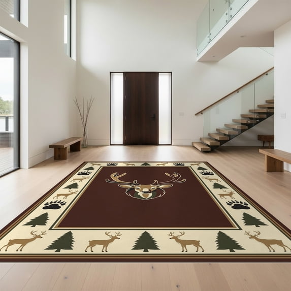 Design&I 3'x5' Ultra Soft Throw Mat, Hunting Trophy Motif With Bear Paw Print And Antler Tree Frame Deer Flowing None Fluffy Washable Easy Care Indoor rug for Bedside Hallway