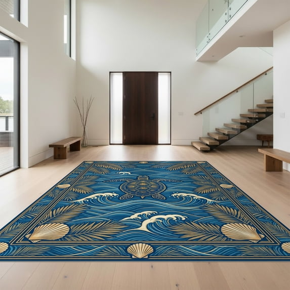 Design&I 3'x5' Ultra Soft Throw Mat, Motif Nautical Wave Starfish Border Coral Reef Seashell Ocean Turtle Refined None Fluffy Washable Easy Care Indoor rug for Bedside Hallway