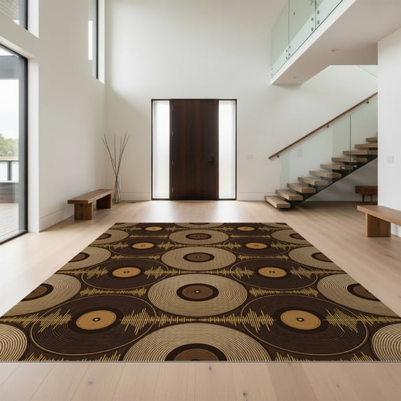 Design&I 3'x5' Ultra Soft Throw Mat, Music Motif Retro Vintage Soundwave Cd Disc Shape Record Vinyl Refined None Fluffy Washable Easy Care Indoor rug for Bedside Hallway