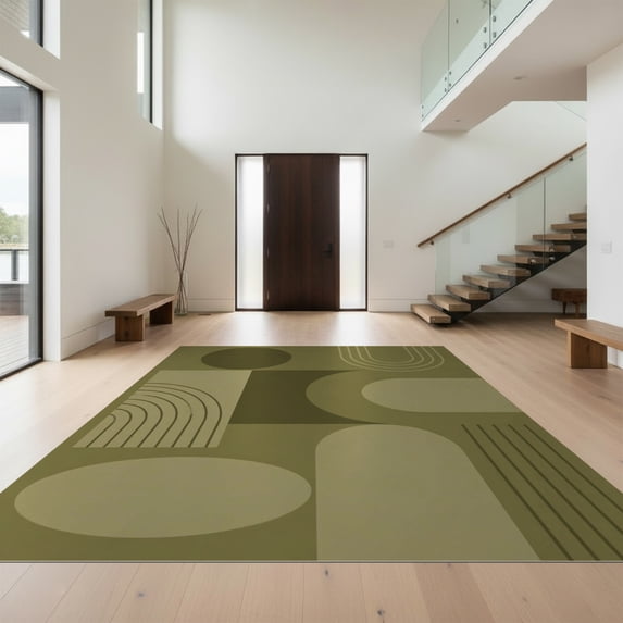 Design&I 3'x5' Ultra Soft Throw Mat, Olive Green Geometric Design Rectangular Art Inspired Abstract Shapes Fluffy Washable Easy Care Indoor rug for Bedside Hallway