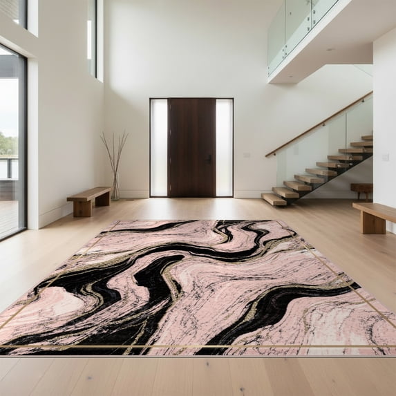 Design&I 3'x5' Ultra Soft Throw Mat, Pink Blush Abstract Swirl Motif Veined Border Swirls Gilded Cracked None Fluffy Washable Easy Care Indoor rug for Bedside Hallway