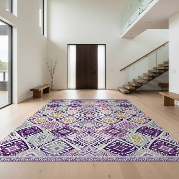 Design&I 3'x5' Ultra Soft Throw Mat, Purple Boho Grey Abstract Trellis Interlocking Lattice Motifs None Fluffy Washable Easy Care Indoor rug for Bedside Hallway