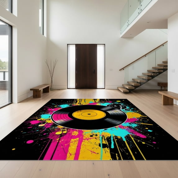 Design&I 3'x5' Ultra Soft Throw Mat, Record Retro Vinyl Turntable Paint Splatter Music Note Flowing None Fluffy Washable Easy Care Indoor rug for Bedside Hallway