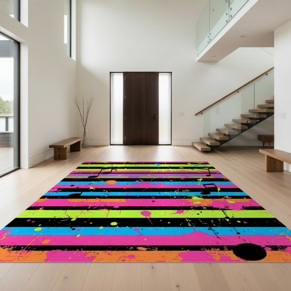 Design&I 3'x5' Ultra Soft Throw Mat, Record Vinyl Retro Turntable Stripes Musical Notes Paint Splatter None Fluffy Washable Easy Care Indoor rug for Bedside Hallway