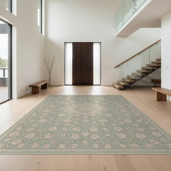 Design&I 3'x5' Ultra Soft Throw Mat, Sage Interlocking Pink Botanical Blossoms Pale Stems Motif Oushak None Fluffy Washable Easy Care Indoor rug for Bedside Hallway