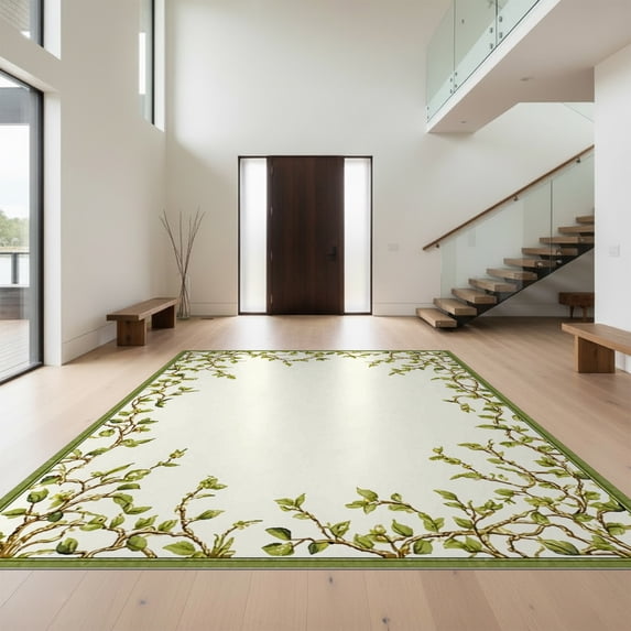 Design&I 3'x5' Ultra Soft Throw Mat, Sage Moss Botanical Floral With Farmhouse Vine Scroll Border None Fluffy Washable Easy Care Indoor rug for Bedside Hallway