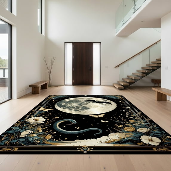 Design&I 3'x5' Ultra Soft Throw Mat, Snake Witchy Mystical Moon With Celestial Vintage Star Frame None Fluffy Washable Easy Care Indoor rug for Bedside Hallway