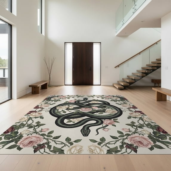 Design&I 3'x5' Ultra Soft Throw Mat, Watercolor Border Pink Aesthetic Botanical Snake Gothic Vintage Playful None Fluffy Washable Easy Care Indoor rug for Bedside Hallway