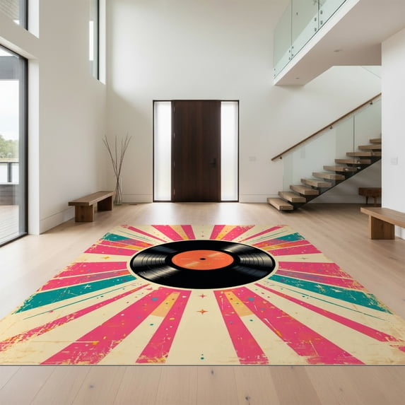 Design&I 3'x5' Ultra Soft Throw Mat, Wet Music Vinyl Record Cd Retro Groovy Starburst Tapete Redondo None Fluffy Washable Easy Care Indoor rug for Bedside Hallway