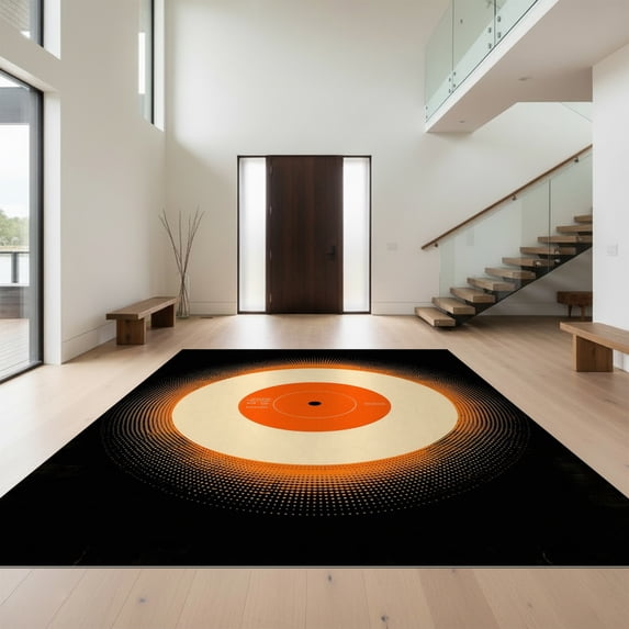 Design&I 3'x5' Ultra Soft Throw Mat, Wet Retro Vinyl Record Border Music Motif Vintage Groovy Sunburst None Fluffy Washable Easy Care Indoor rug for Bedside Hallway