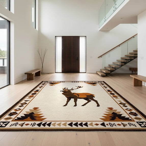 Design&I 3'x5' Washable Accent Rug Pet Friendly & Non-Slip Built-In Grip Hunting Print Tracks Motif Woodland Antler Border Antlers Camo for Bedroom, Walk-in Closet
