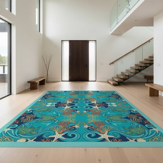 Design&I 3'x5' Washable Accent Rug Pet Friendly & Non-Slip Built-In Grip Ocean Coral Seascape Marine Reef Border Fish Turtle Nautical Playful Expressive for Bedroom, Walk-in Closet