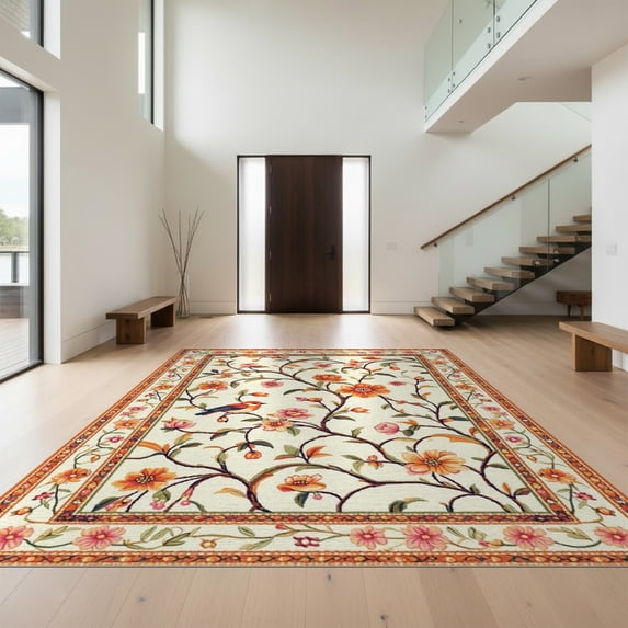 Design&I 3'x5' Washable Accent Rug Pet Friendly & Non-Slip Built-In Grip Retro Mid Bird Eclectic Boho Century Vines Orange Funky Burnt for Bedroom, Walk-in Closet