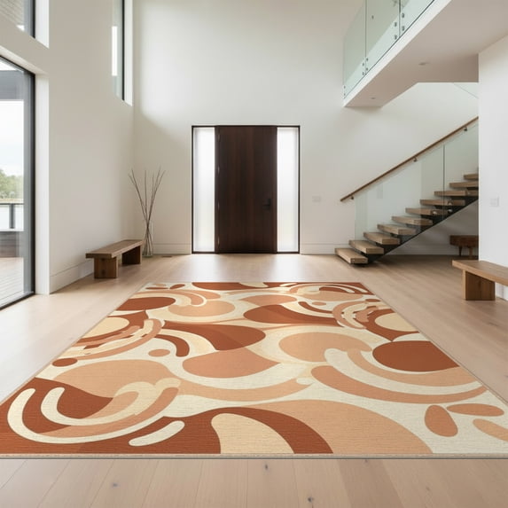 Design&I 3'x5' Washable Accent Rug Pet Friendly & Non-Slip Built-In Grip Terracotta Midcentury Freeform Shapes Asymmetrical Tone Mid Century for Bedroom, Walk-in Closet
