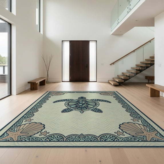 Design&I 3'x5' Washable Accent Rug Pet Friendly & Non-Slip Built-In Grip Turtle Nautical Wave Seashell Border Motif Starfish Coral Ocean Flowing Dynamic for Bedroom, Walk-in Closet