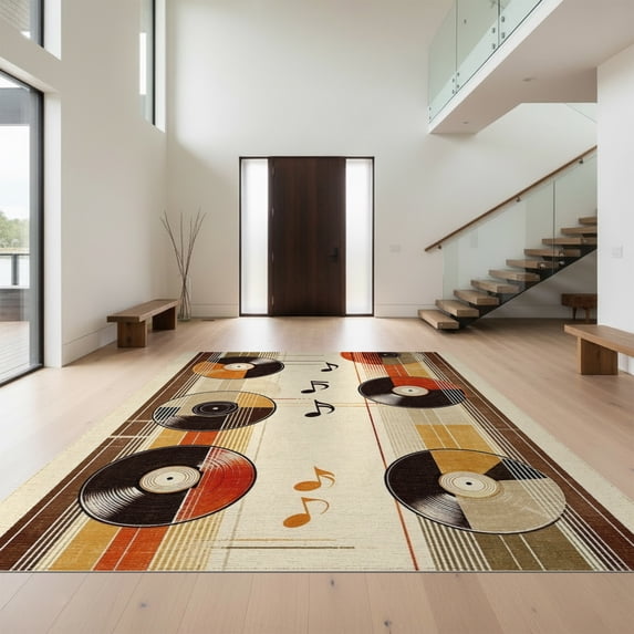 Design&I 3'x5' Washable Accent Rug Record Music Vinyl Note Vintage Abstract Retro Stripes Cd Disc for Bedroom, Walk-in Closet, Pet Friendly & Non-Slip Built-In Grip