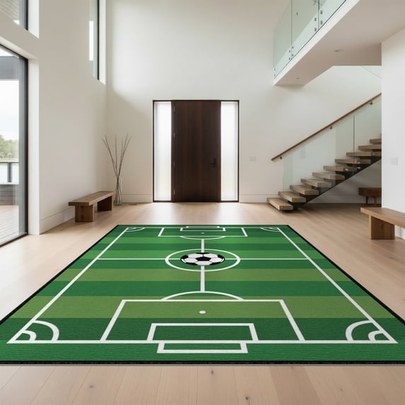 Design&I 3'x5' Washable Accent Rug Soccer Layout Field Centered Pitch Lines Door Center Goal Markings for Bedroom, Walk-in Closet, Pet Friendly & Non-Slip Built-In Grip
