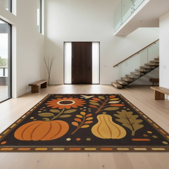 Rustic Wool Rugs Design&I 3'x5' Washable Area Rug Autumn Harvest Folk Art Design ...