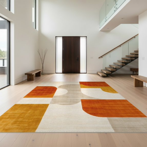 Design&I 3'x5' Washable Area Rug Burnt Orange Terracotta Abstract Geometric Bauhaus Mid Century Design with Angular Motifs for Home Office, Hallway, Low Profile & Durable Daily Traffic Ready