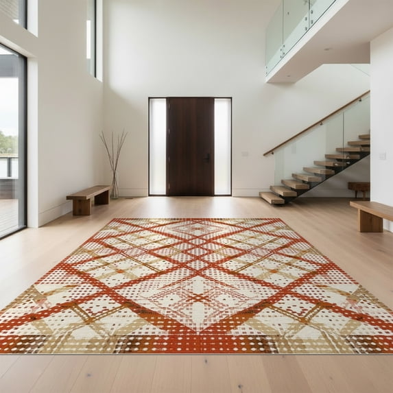 Design&I 3'x5' Washable Area Rug Checkered Lattice Neutral Tan Dotted Grid Plaid Beige Terracotta for Home Office, Hallway, Low Profile & Durable Daily Traffic Ready