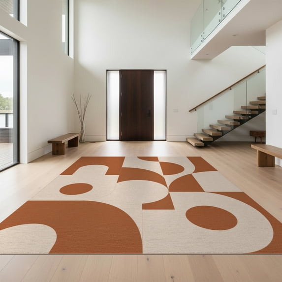 Design&I 3'x5' Washable Area Rug Cream Terracotta Geometric Artistry Bold Abstract Shapes with Modern Flair for Home Office, Hallway, Low Profile & Durable Daily Traffic Ready