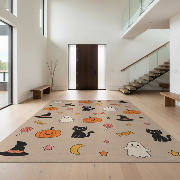 Design&I 3'x5' Washable Area Rug Low Profile & Durable Daily Traffic Ready Beige Halloween Cartoon Design Playful Ghosts Pumpkins Cats Motif for Home Office, Hallway