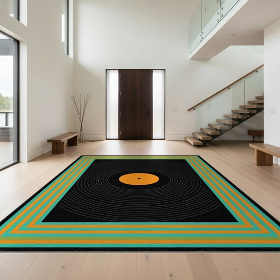 Design&I 3'x5' Washable Area Rug Low Profile & Durable Daily Traffic Ready Circle Music Retro Album Motif Featuring Bold Geometric Vinyl for Home Office, Hallway