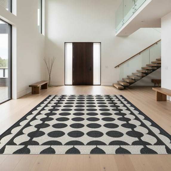 Design&I 3'x5' Washable Area Rug Low Profile & Durable Daily Traffic Ready Door Curved Checkerboard Geometric Contemporary Decorative Front for Home Office, Hallway