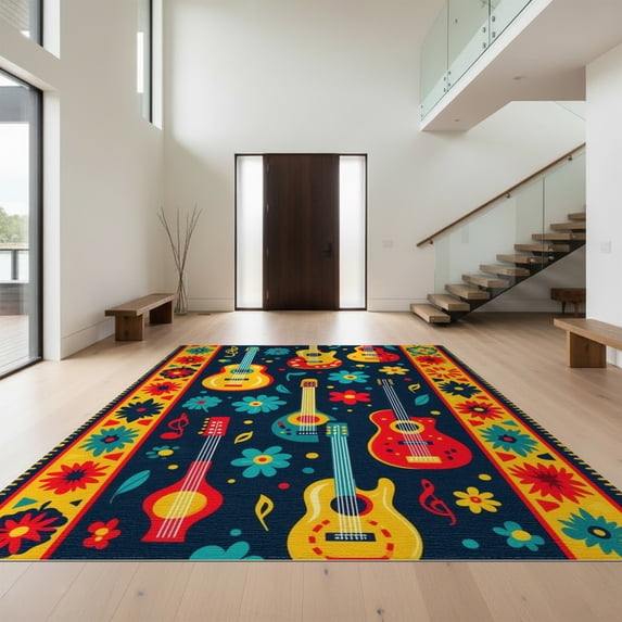 Design&I 3'x5' Washable Area Rug Low Profile & Durable Daily Traffic Ready Hawaii Guitar Musical Tiki Wave Border Hibiscus Motifs Luau Party for Home Office, Hallway