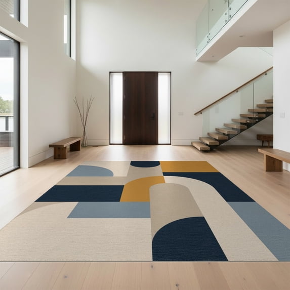 Design&I 3'x5' Washable Area Rug Low Profile & Durable Daily Traffic Ready Navy and Mustard Geometric Design Modern Abstract with Bold Shapes for Home Office, Hallway