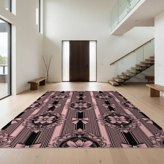 Design&I 3'x5' Washable Area Rug Low Profile & Durable Daily Traffic Ready Pink Delicate Vertical Stripe Tossed Botanical Repeat Ornamental for Home Office, Hallway