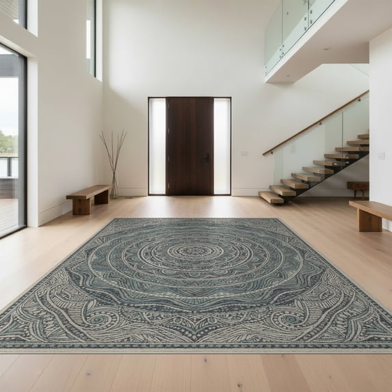 Design&I 3'x5' Washable Area Rug Low Profile & Durable Daily Traffic Ready Vintage Boho Interlocking Wave Distressed Scroll Border Ocean Flowing Dynamic for Home Office, Hallway