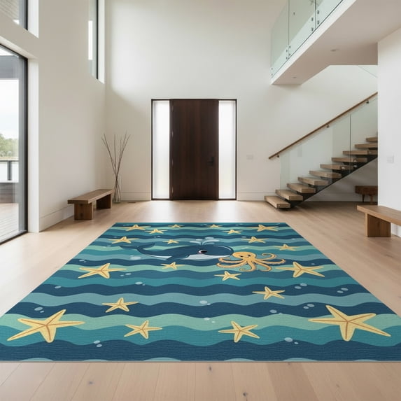 Design&I 3'x5' Washable Area Rug Ocean Whale Octopus Starfish Nautical Animals Under Classroom Flowing Dynamic for Home Office, Hallway, Low Profile & Durable Daily Traffic Ready