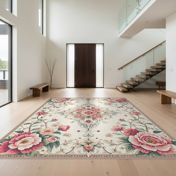 Design&I 3'x5' Washable Area Rug Pink Vintage Boho Scrolling Botanical Border Girly Bathroom Hallways for Home Office, Hallway, Low Profile & Durable Daily Traffic Ready