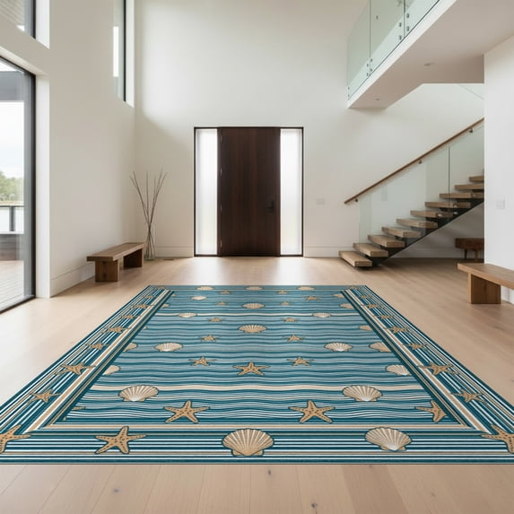 Design&I 3'x5' Washable Area Rug Stripe Seashell Starfish Motif Round Compass Maritime Nautical Wave Refined for Home Office, Hallway, Low Profile & Durable Daily Traffic Ready