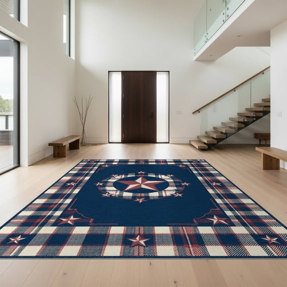 Design&I 3'x5' Washable Area Rug Welcome Stars Tartan Stripe Layer Door Striped Patriotic Vintage Refined for Home Office, Hallway, Low Profile & Durable Daily Traffic Ready