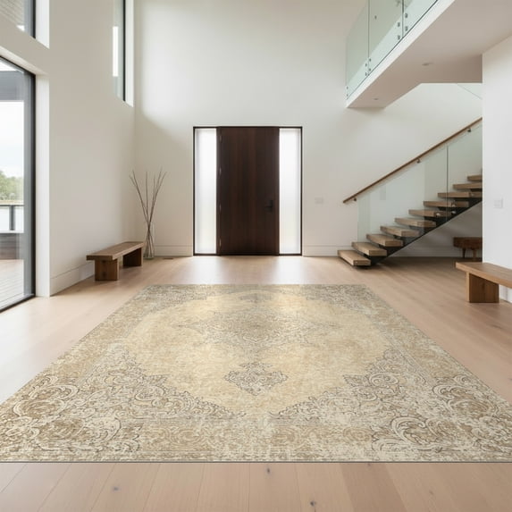 Design&I 3'x5' Washable Throw Rug Distressed Traditional Medallion With Ornate Corner Motifs Vintage Flowing for Entryway, Kitchen, Ultra-Thin & Non-Slip Skid-Resistant Small