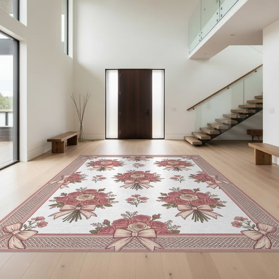 Design&I 3'x5' Washable Throw Rug Pink Coquette Vintage Repeating Roses Romantic Framing Border for Entryway, Kitchen, Ultra-Thin & Non-Slip Skid-Resistant Small