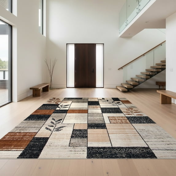 Design&I 3'x5' Washable Throw Rug Round Southwestern Abstract Geometric Grid Motif Tapete for Entryway, Kitchen, Ultra-Thin & Non-Slip Skid-Resistant Small