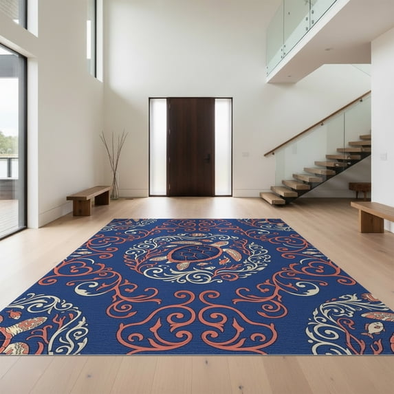 Design&I 3'x5' Washable Throw Rug Ultra-Thin & Non-Slip Skid-Resistant Small Coral Scrolls Reef Border Nautical Seashell Fish Turtle Ocean Playful for Entryway, Kitchen